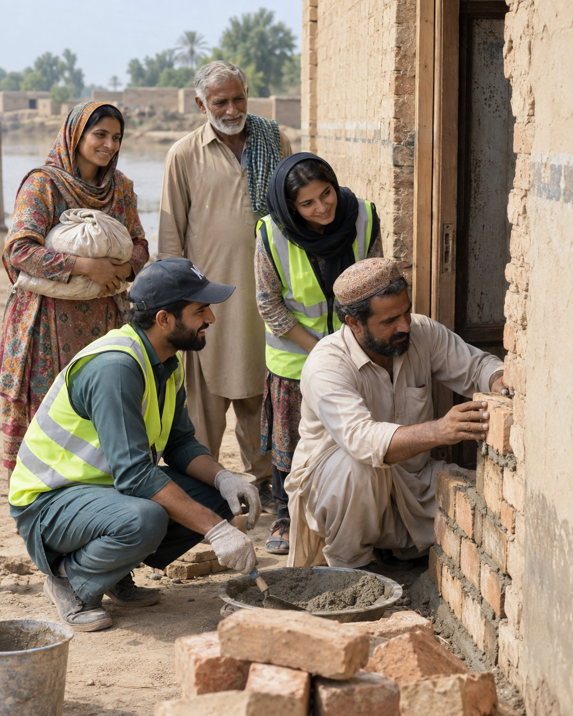 illustration of a family and volunteers repairing a home after flooding in rural Pakistan.