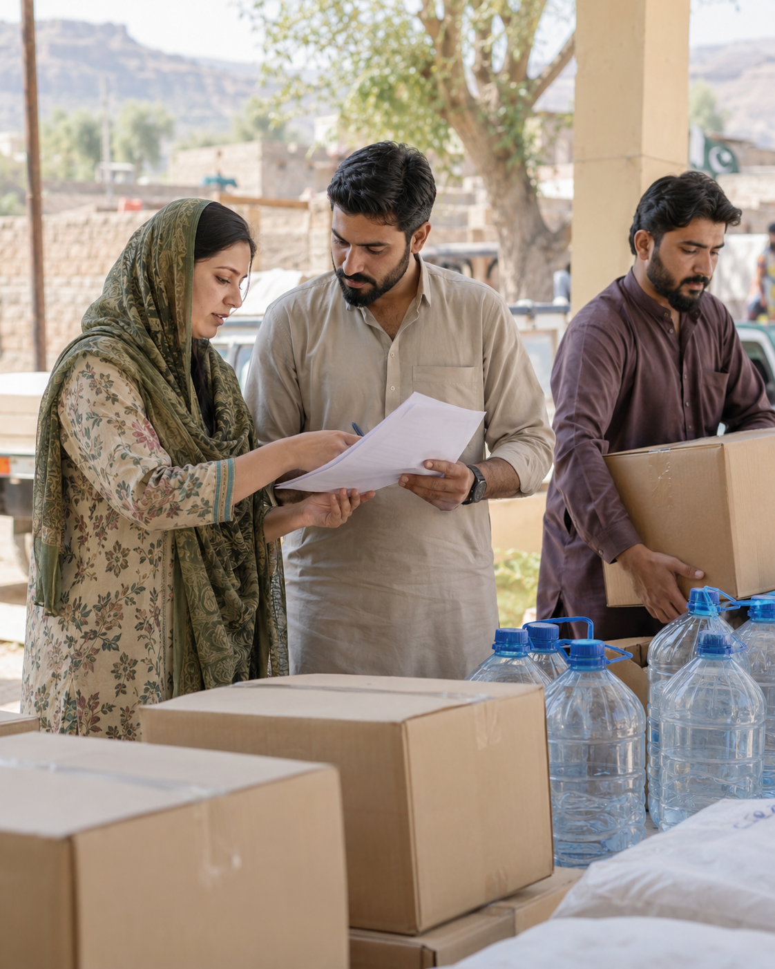 illustration of local volunteers coordinating relief supplies at a community distribution point in Pakistan.