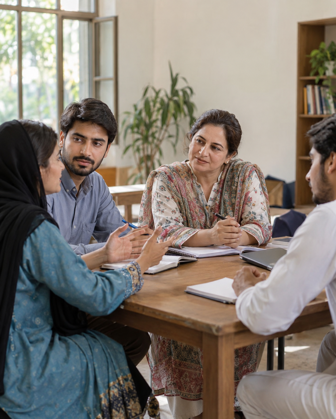 illustration of a community leader mentoring young adults around a table in Pakistan.