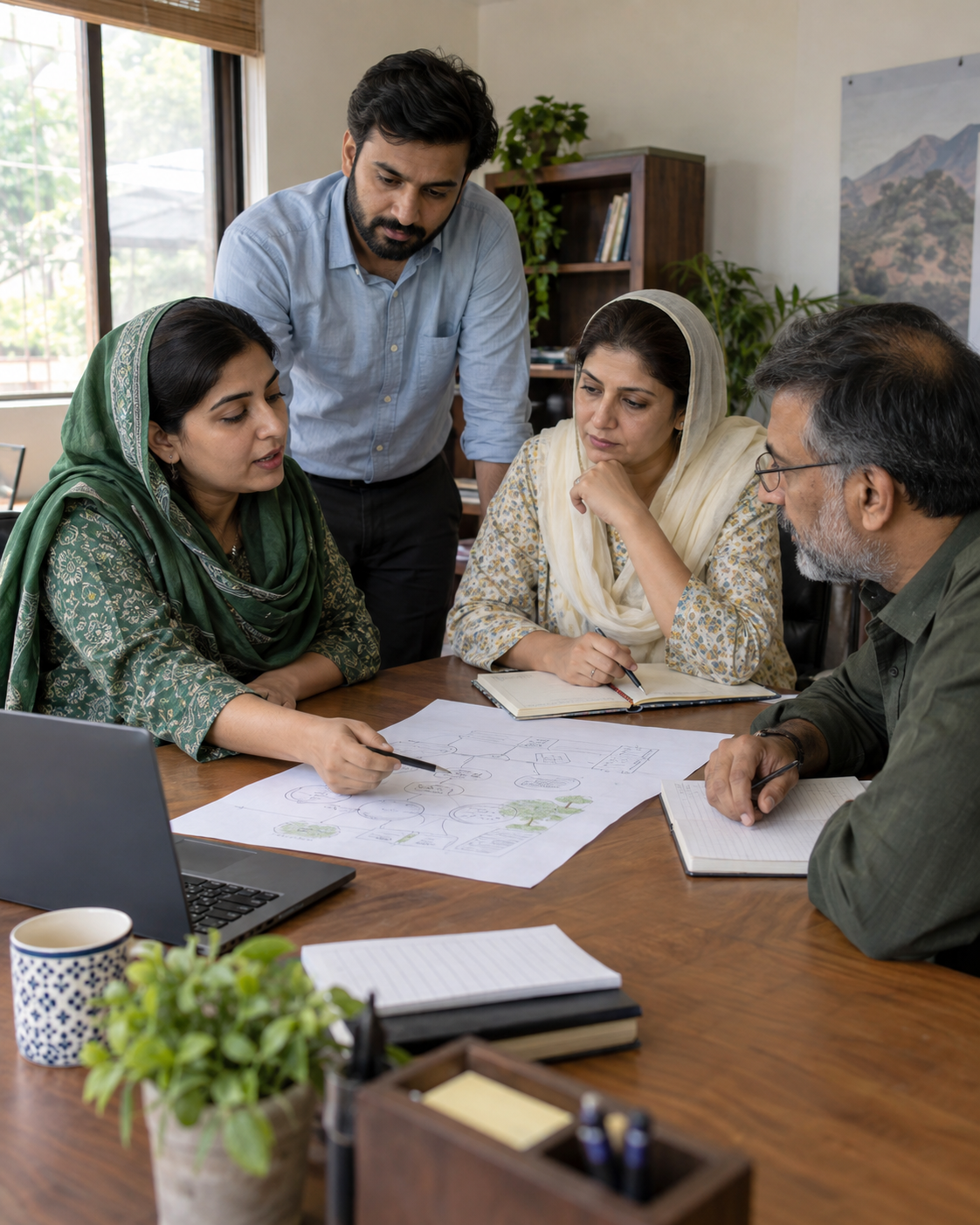 illustration of Pakistani nonprofit colleagues reviewing plans together in an office.